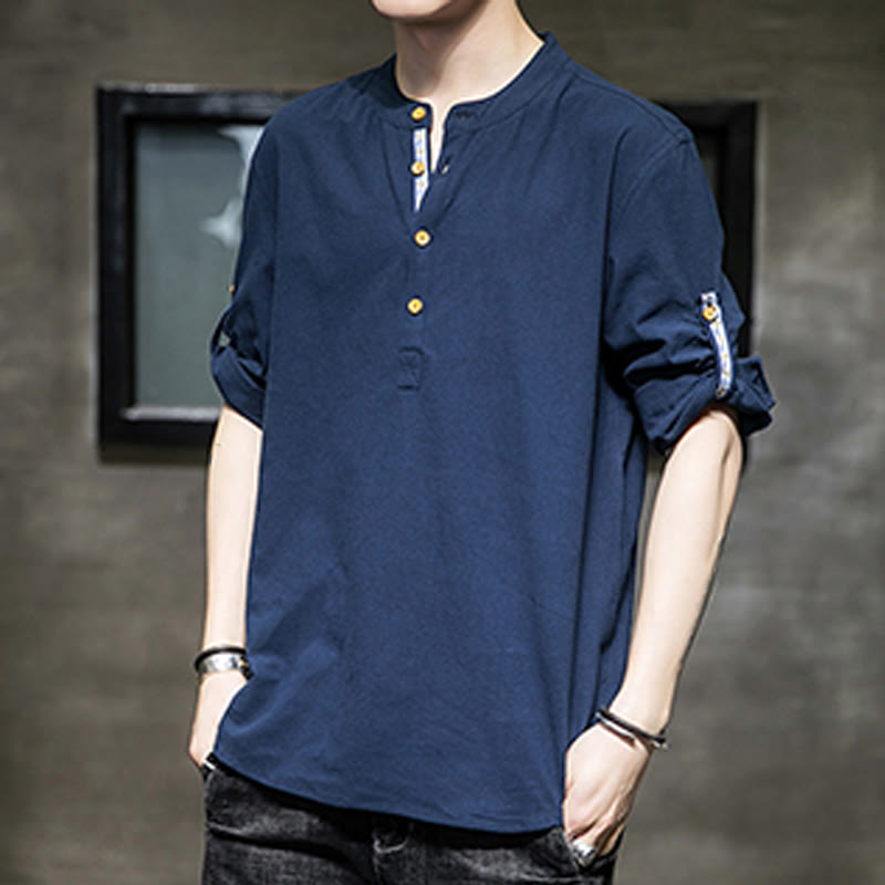 Buddha Stones Summer Solid Men's Half Buttons Half Sleeve Linen Shirt - image 20