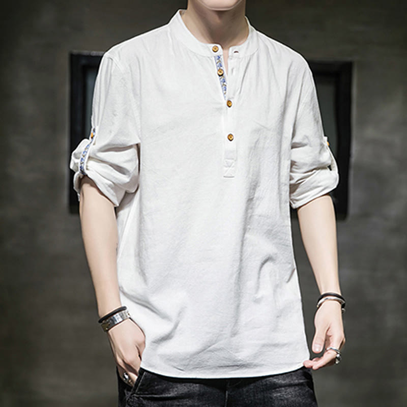 Buddha Stones Summer Solid Men's Half Buttons Half Sleeve Linen Shirt - image 30