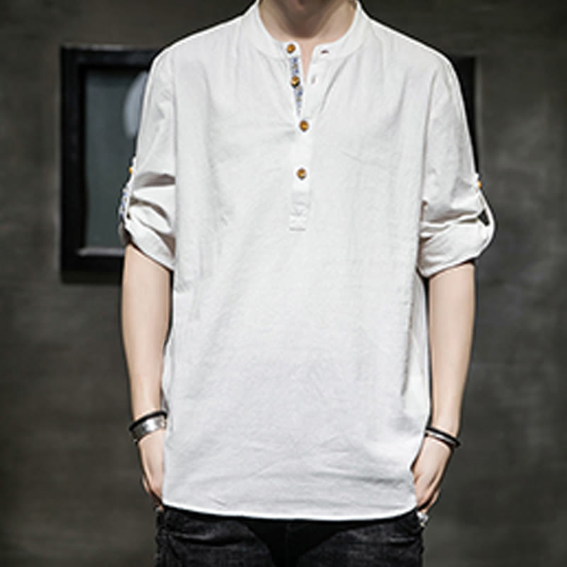 Buddha Stones Summer Solid Men's Half Buttons Half Sleeve Linen Shirt - image 29