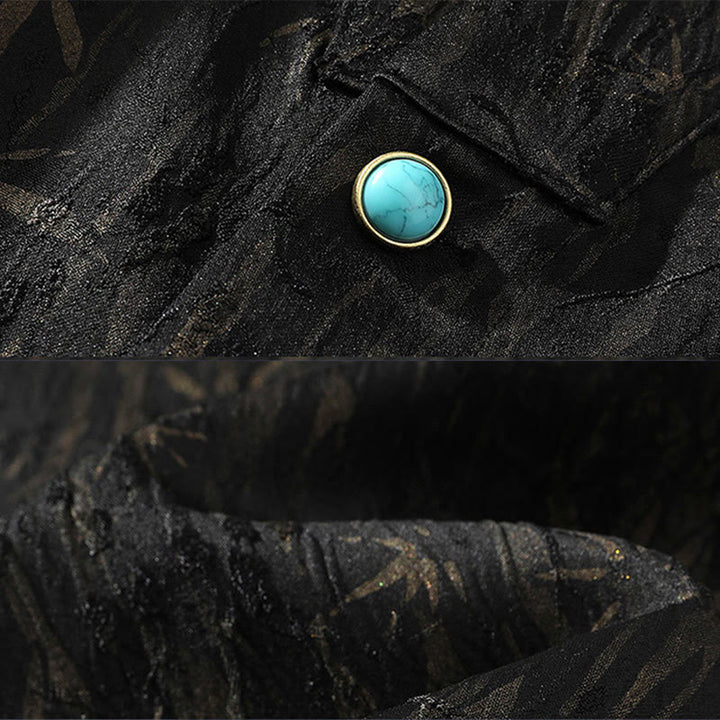 Buddha Stones Summer Golden Bamboo Jacquard Men's Half Sleeve Linen Shirt - image 6