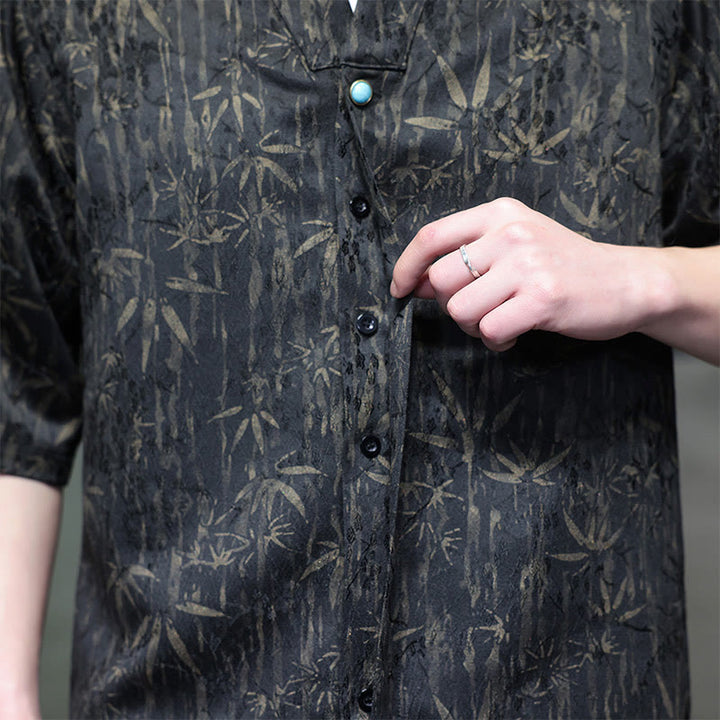 Buddha Stones Summer Golden Bamboo Jacquard Men's Half Sleeve Linen Shirt - image 2