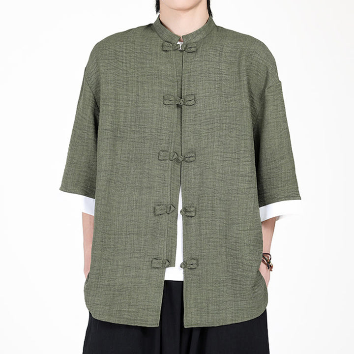 Buddha Stones Plain Tang Suit Frog-Button Design Men's Half Sleeve Shirt - DarkSeaGreen - US/UK/AU46，EU56 (5XL) - image 0