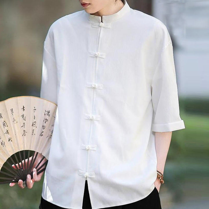 Buddha Stones Plain Tang Suit Frog-Button Design Men's Half Sleeve Shirt - image 3