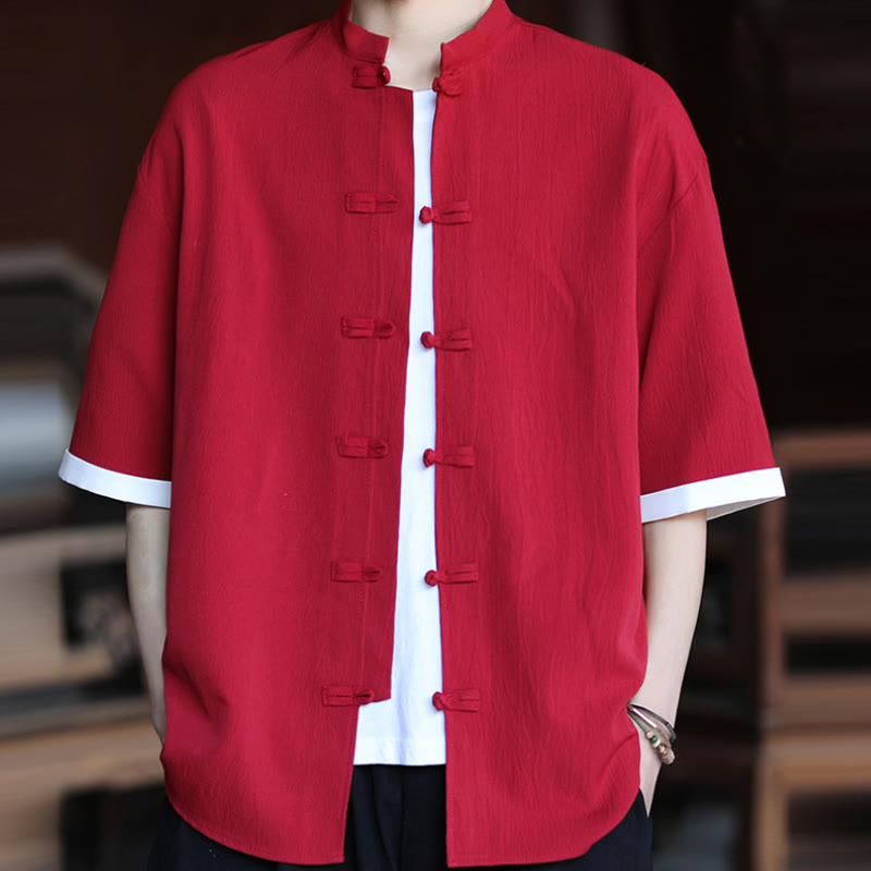 Buddha Stones Plain Tang Suit Frog-Button Design Men's Half Sleeve Shirt - image 13