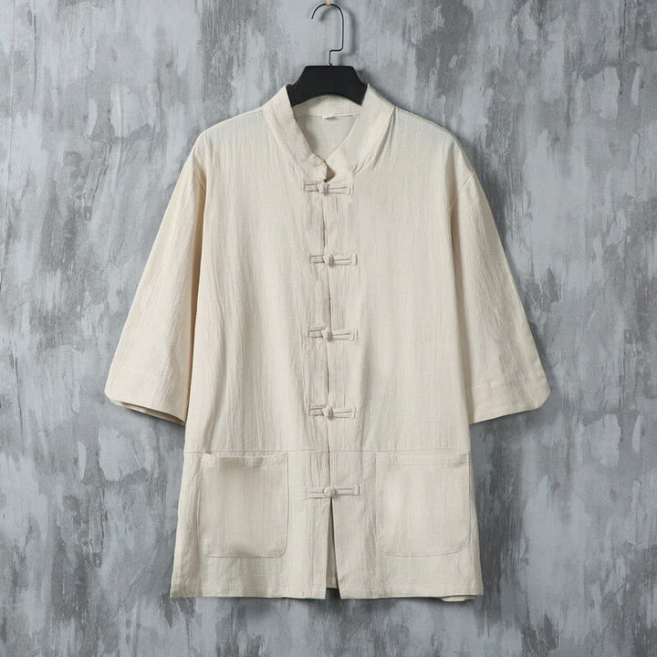 Buddha Stones Solid Color Tang Suit Frog-Button Design Men's Half Sleeve Linen Shirt With Pockets - Linen - US/UK/AU46，EU56 (5XL) - image 0