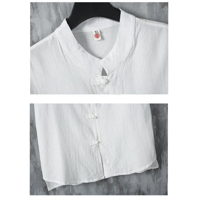 Buddha Stones Summer Plain Tang Suit Frog-Button Design Men's Short Sleeve Cotton Shirt - image 4