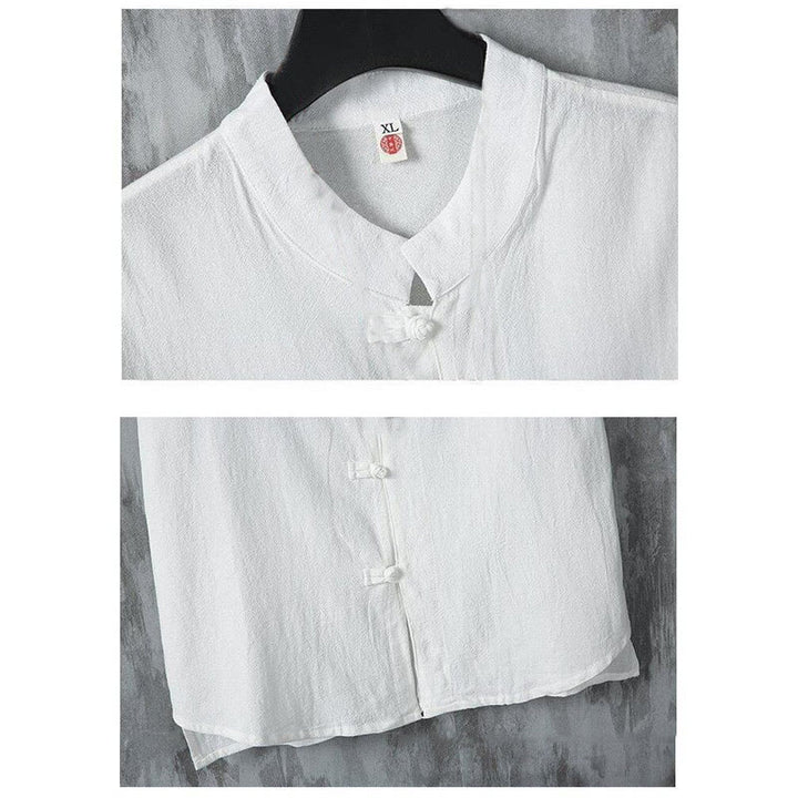 Buddha Stones Summer Plain Tang Suit Frog-Button Design Men's Short Sleeve Cotton Shirt - image 4