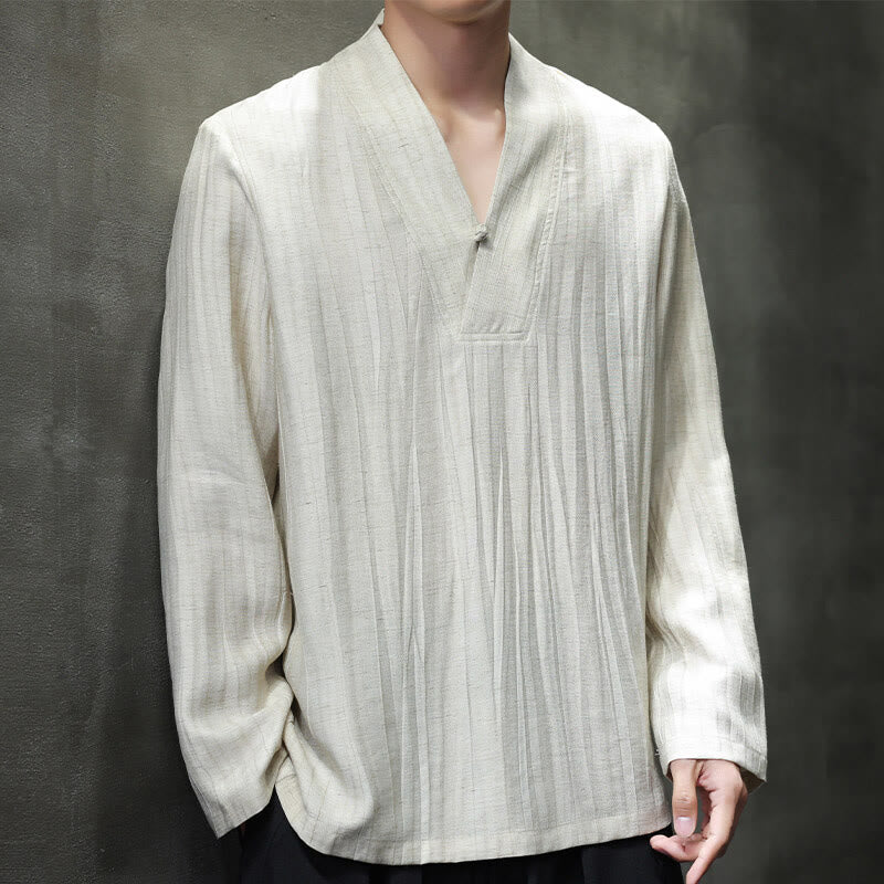 Buddha Stones Plain V-Neck Long Sleeve Men's Linen Shirt - Linen - US/UK/AU46，EU56 (5XL) - image 9