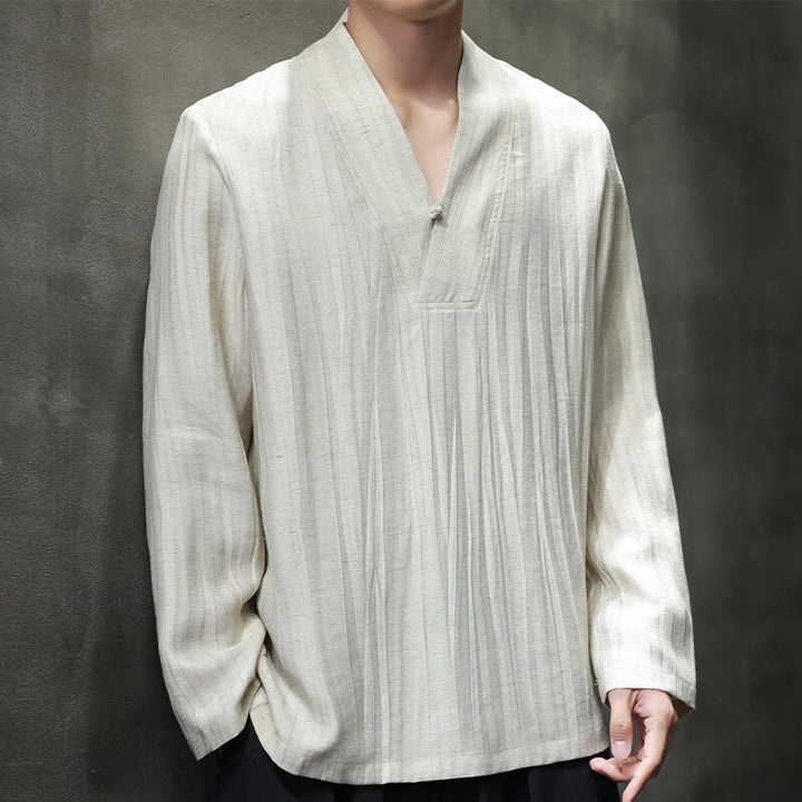 Buddha Stones Plain V-Neck Long Sleeve Men's Linen Shirt - Linen - US/UK/AU46，EU56 (5XL) - image 9