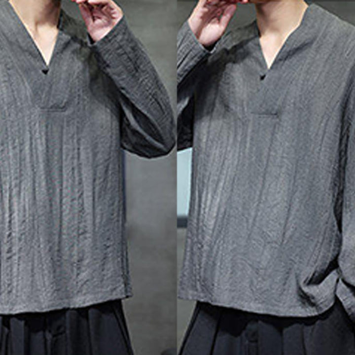 Buddha Stones Plain V-Neck Long Sleeve Men's Linen Shirt - image 8