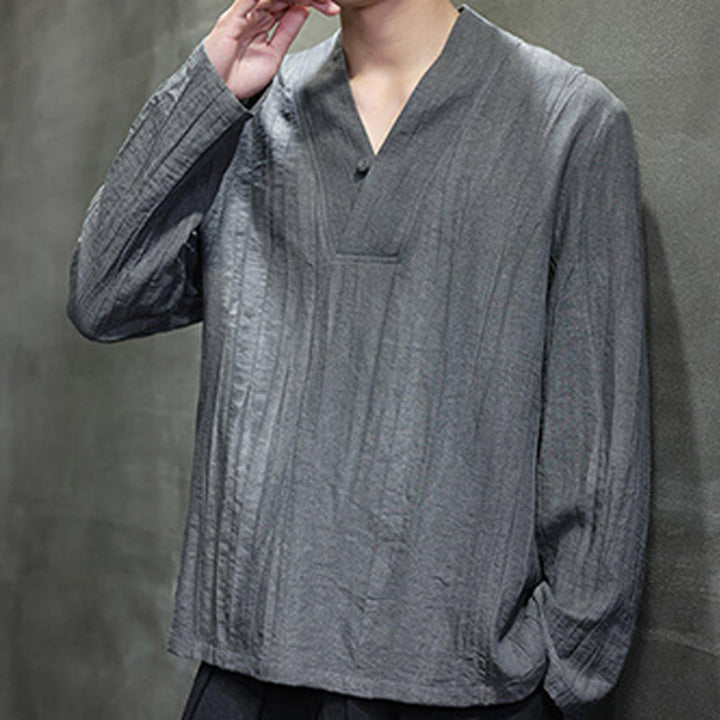 Buddha Stones Plain V-Neck Long Sleeve Men's Linen Shirt - image 5