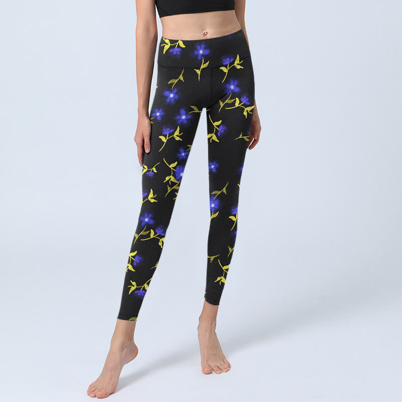 Buddha Stones Blue Flower Leaves Pattern Print Gym Leggings Women's Yoga Pants - image 5