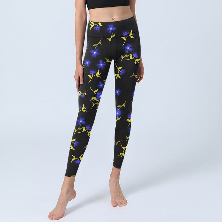 Buddha Stones Blue Flower Leaves Pattern Print Gym Leggings Women's Yoga Pants - image 5