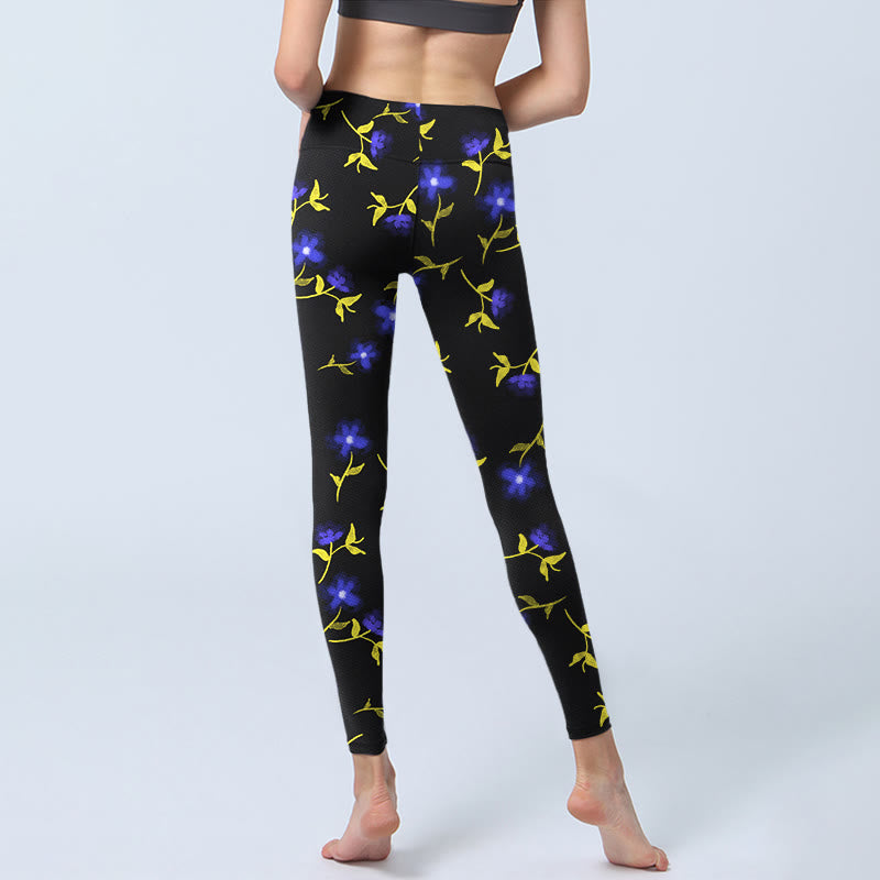 Buddha Stones Blue Flower Leaves Pattern Print Gym Leggings Women's Yoga Pants - image 6