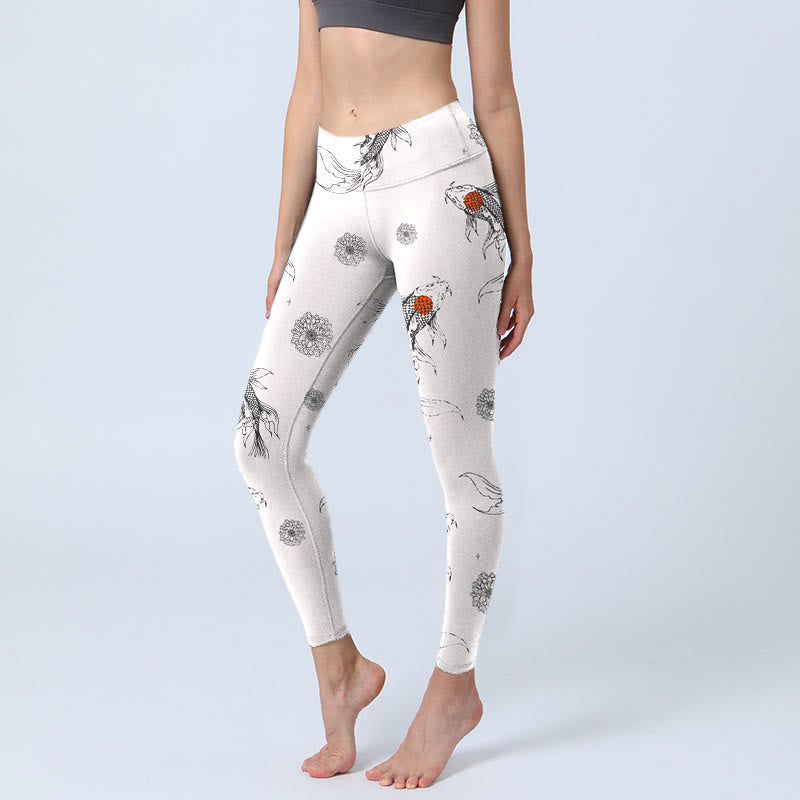 Buddha Stones Koi Fish Chrysanthemum Pattern Print Gym Leggings Women's Yoga Pants - GhostWhite - US18，UK/AU22，EU50 (4XL) - image 0