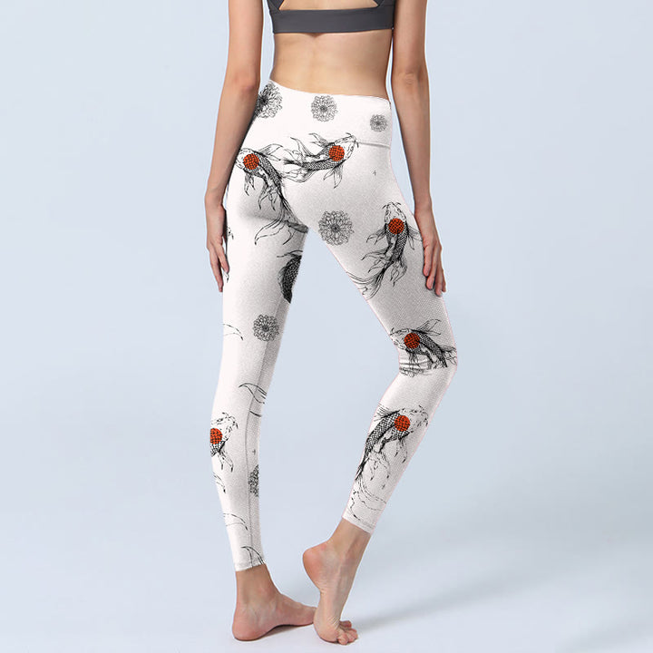Buddha Stones Koi Fish Chrysanthemum Pattern Print Gym Leggings Women's Yoga Pants - image 3