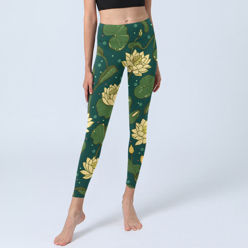 Buddha Stones Blooming Lotus Flower Lotus Leaves Pattern Print Gym Leggings Women's Yoga Pants - image 5