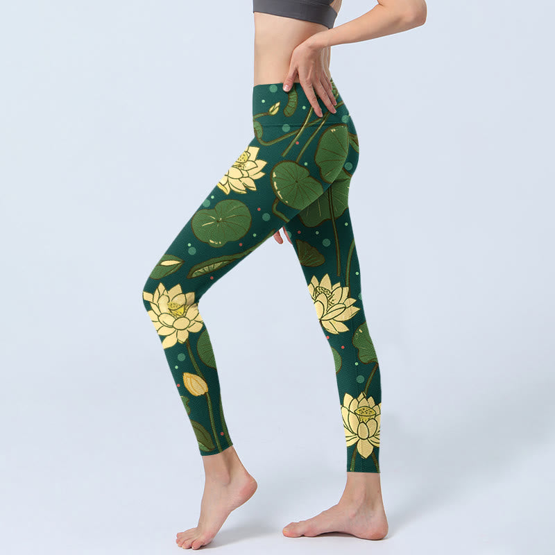 Buddha Stones Blooming Lotus Flower Lotus Leaves Pattern Print Gym Leggings Women's Yoga Pants - image 2