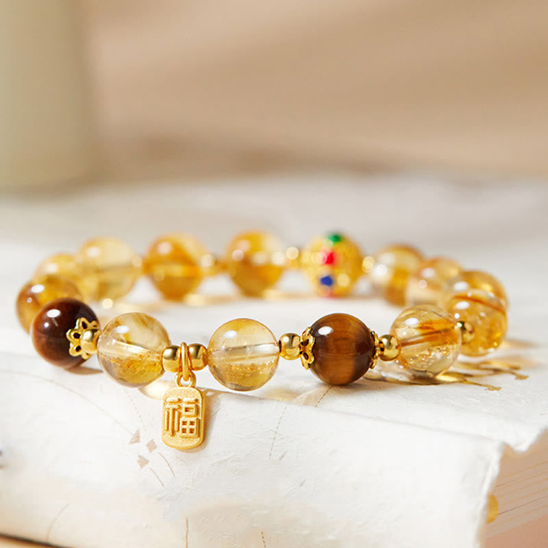 Buddha Stones 925 Sterling Silver Fu Character Citrine Tiger Eye Protection Bracelet - image 2