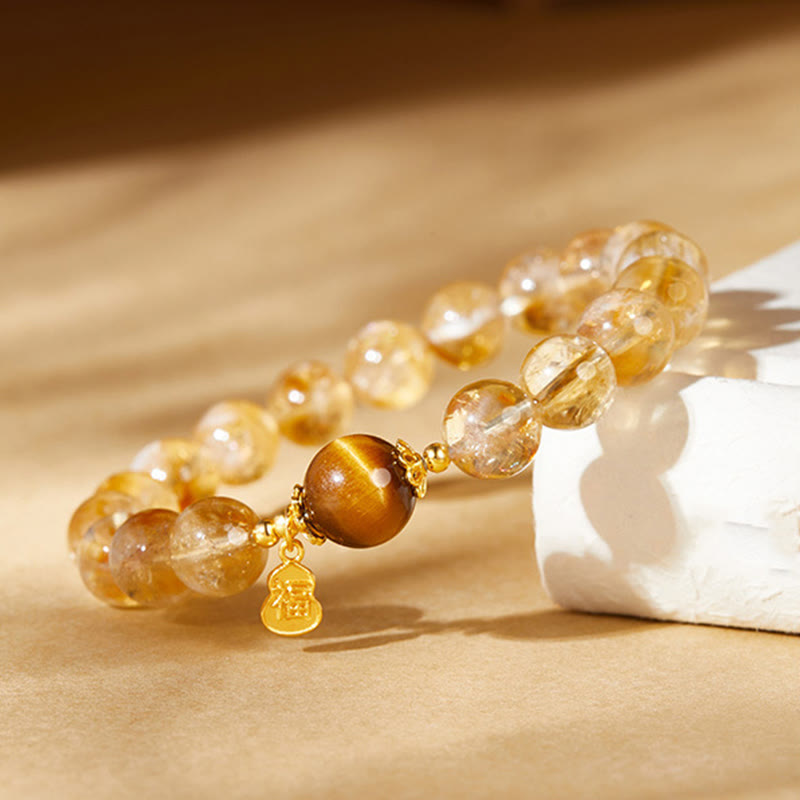 Buddha Stones 925 Sterling Silver Gourd Fu Character Citrine Tiger Eye Prosperity Bracelet - image 1