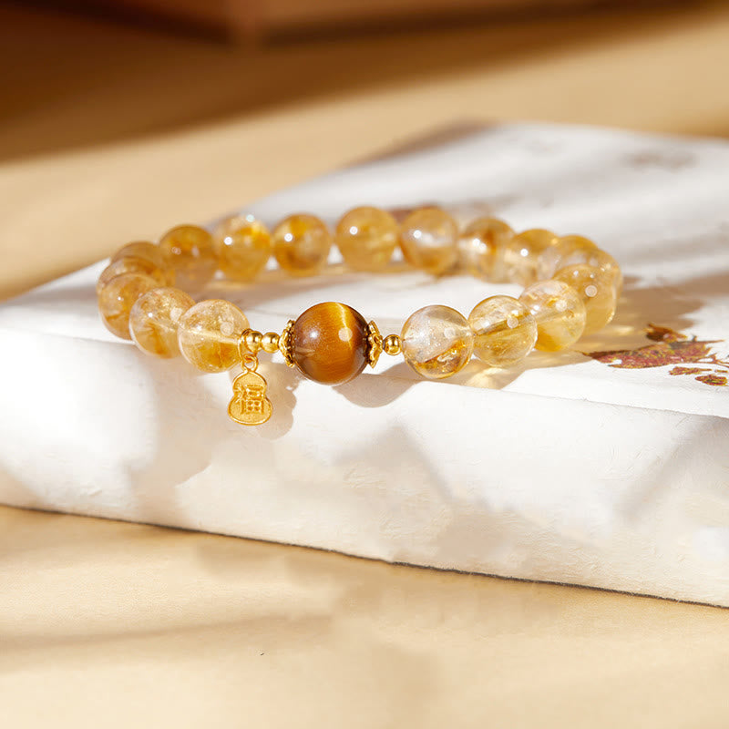 Buddha Stones 925 Sterling Silver Gourd Fu Character Citrine Tiger Eye Prosperity Bracelet - Citrine (Wrist Circumference:17-19cm) - image 0