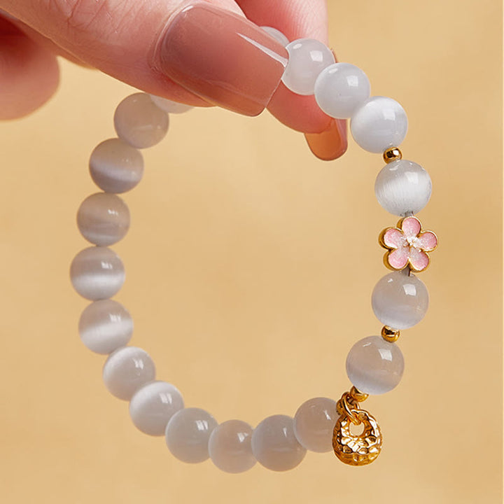 Buddha Stones 925 Sterling Silver Natural Peach Blossom White Cat's Eye Positive Bracelet - image 3