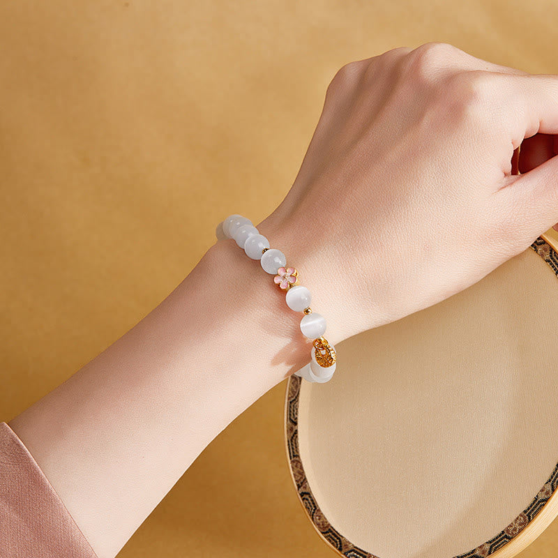 Buddha Stones 925 Sterling Silver Natural Peach Blossom White Cat's Eye Positive Bracelet - image 7