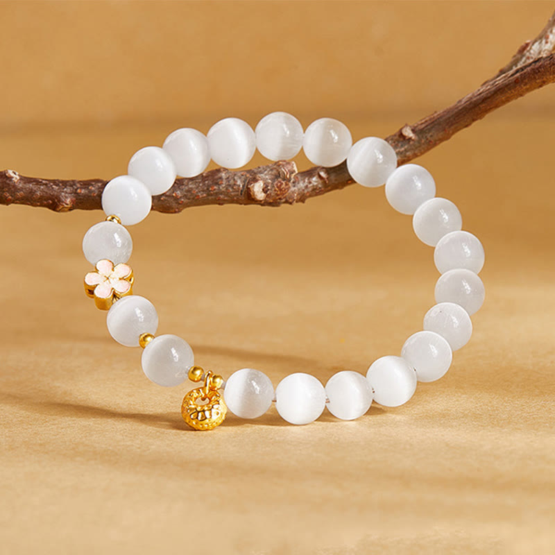 Buddha Stones 925 Sterling Silver Natural Peach Blossom White Cat's Eye Positive Bracelet - image 1