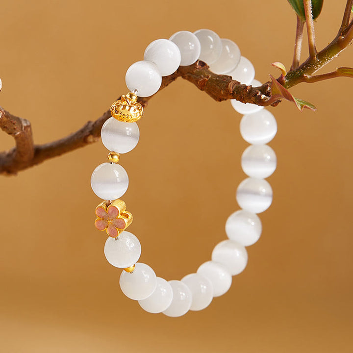 Buddha Stones 925 Sterling Silver Natural Peach Blossom White Cat's Eye Positive Bracelet - image 2