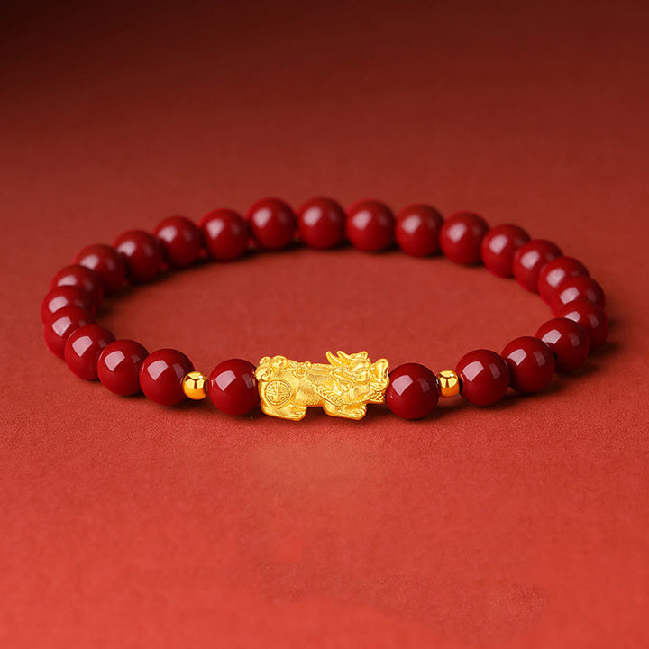 Buddha Stones 999 Gold 5D Hard Gold Cinnabar PiXiu Calm Bracelet - Cinnabar(Wrist Circumference:15-17cm) - image 0