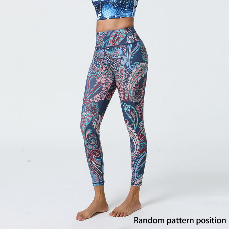 Buddha Stones Flowers Feathers Sun Moon Print Sports Fitness Yoga High Waist Leggings Women's Pants