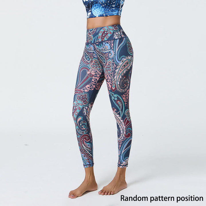 Buddha Stones Flowers Feathers Sun Moon Print Sports Fitness Yoga High Waist Leggings Women's Pants
