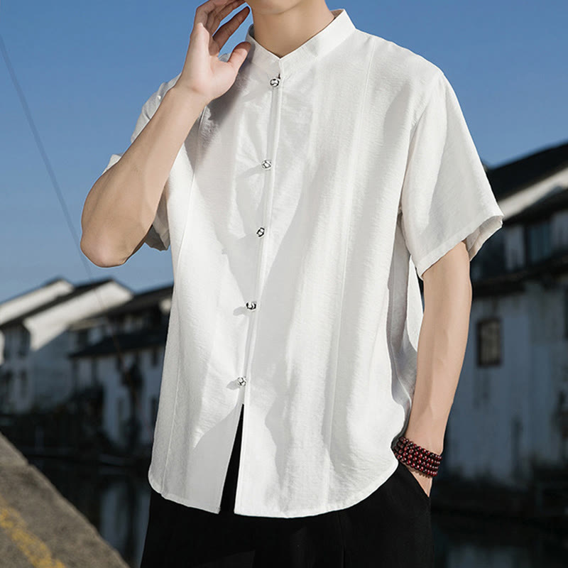 Buddha Stones Summer Solid Color Front Button Design Men's Half Sleeve Cotton Shirt - image 4