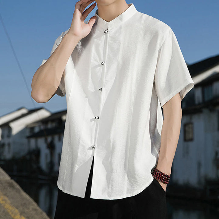 Buddha Stones Summer Solid Color Front Button Design Men's Half Sleeve Cotton Shirt - image 4