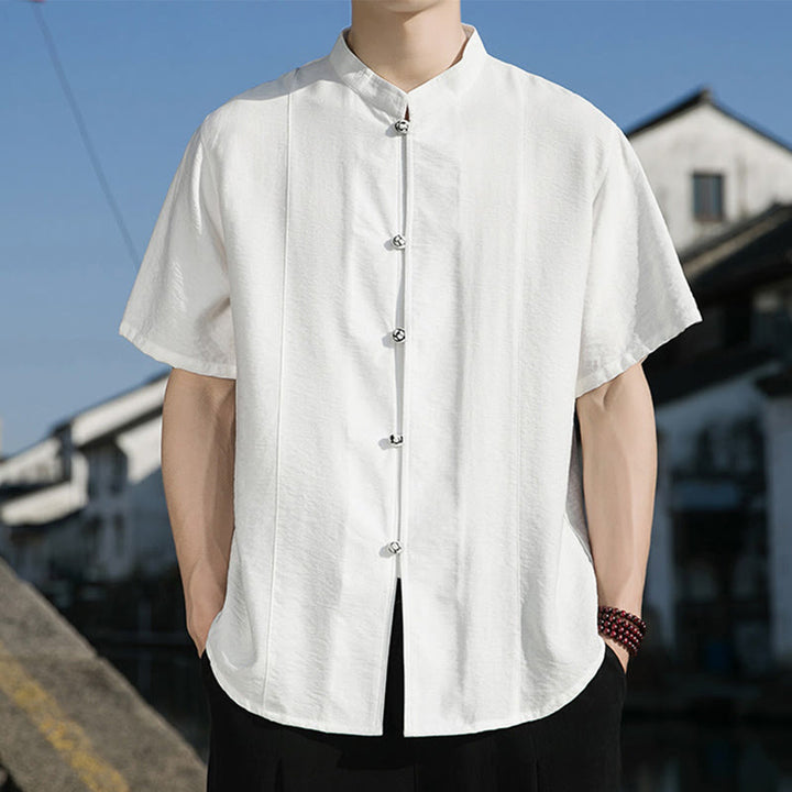Buddha Stones Summer Solid Color Front Button Design Men's Half Sleeve Cotton Shirt - image 7