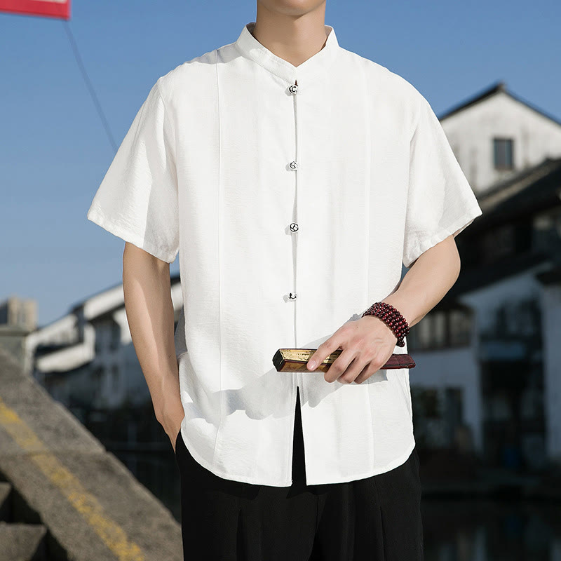 Buddha Stones Summer Solid Color Front Button Design Men's Half Sleeve Cotton Shirt - White - US/UK/AU42，EU52 (3XL) - image 0
