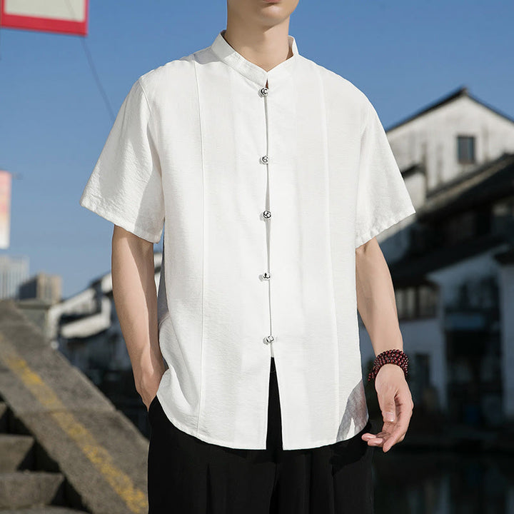 Buddha Stones Summer Solid Color Front Button Design Men's Half Sleeve Cotton Shirt - image 2