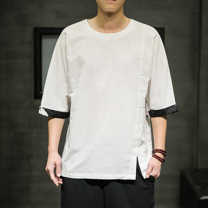 Buddha Stones Summer Retro Solid Color Patchwork Design Men's Three Quarter Sleeve Cotton Linen T-Shirt - White - US/UK/AU46，EU56 (5XL) - image 23