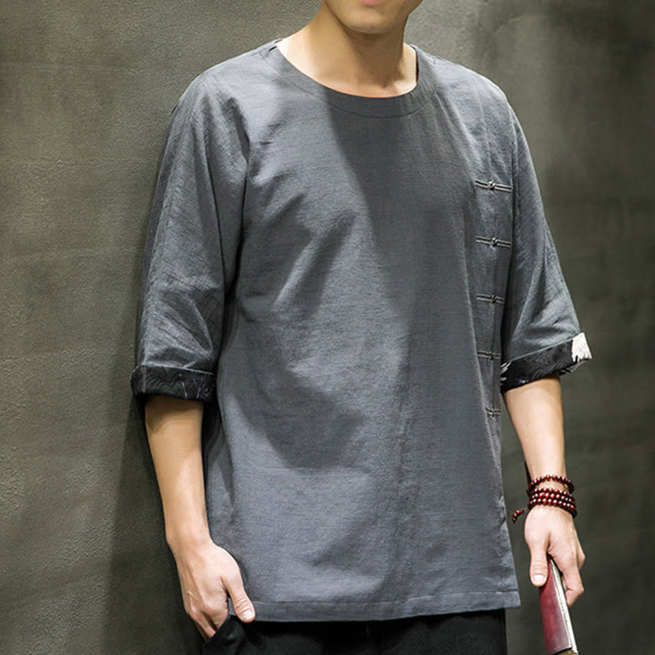 Buddha Stones Summer Retro Solid Color Patchwork Design Men's Three Quarter Sleeve Cotton Linen T-Shirt - image 19