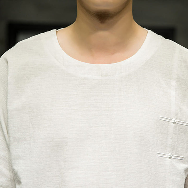 Buddha Stones Summer Retro Solid Color Patchwork Design Men's Three Quarter Sleeve Cotton Linen T-Shirt - image 28