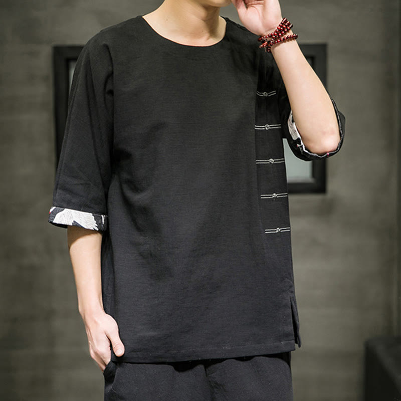 Buddha Stones Summer Retro Solid Color Patchwork Design Men's Three Quarter Sleeve Cotton Linen T-Shirt - Black - US/UK/AU46，EU56 (5XL) - image 0