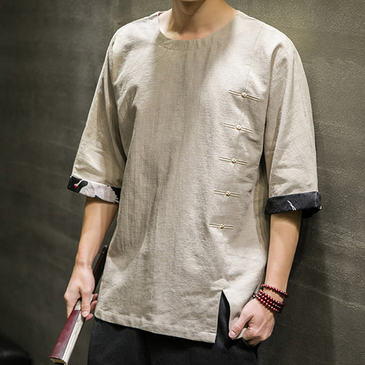 Buddha Stones Summer Retro Solid Color Patchwork Design Men's Three Quarter Sleeve Cotton Linen T-Shirt - image 11