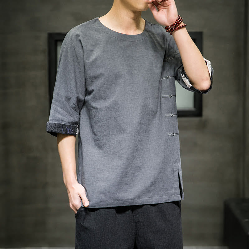 Buddha Stones Summer Retro Solid Color Patchwork Design Men's Three Quarter Sleeve Cotton Linen T-Shirt - image 17