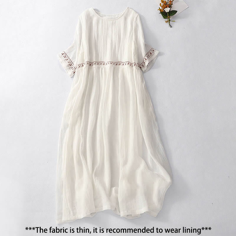Buddha Stones Solid Color Embroidery Short Sleeve Cotton Midi Dress - image 1