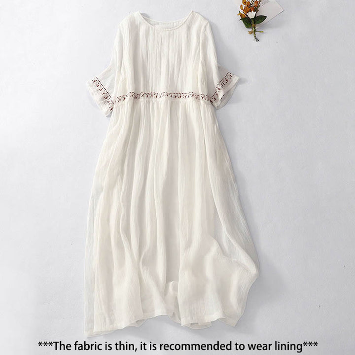 Buddha Stones Solid Color Embroidery Short Sleeve Cotton Midi Dress - image 1