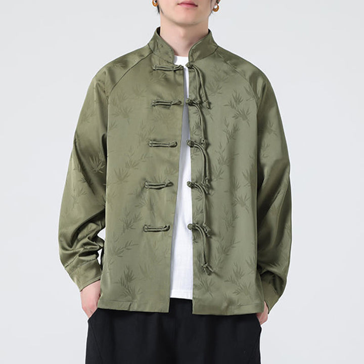 Buddha Stones Spring Jacquard Bamboo Leaves Pattern Chinese Frog-Button Design Men's Long Sleeve Shirt - image 5