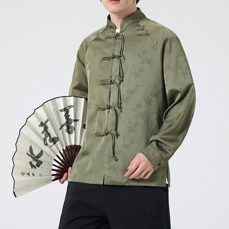 Buddha Stones Spring Jacquard Bamboo Leaves Pattern Chinese Frog-Button Design Men's Long Sleeve Shirt - OliveDrab - US/UK/AU46，EU56 (5XL) - image 0