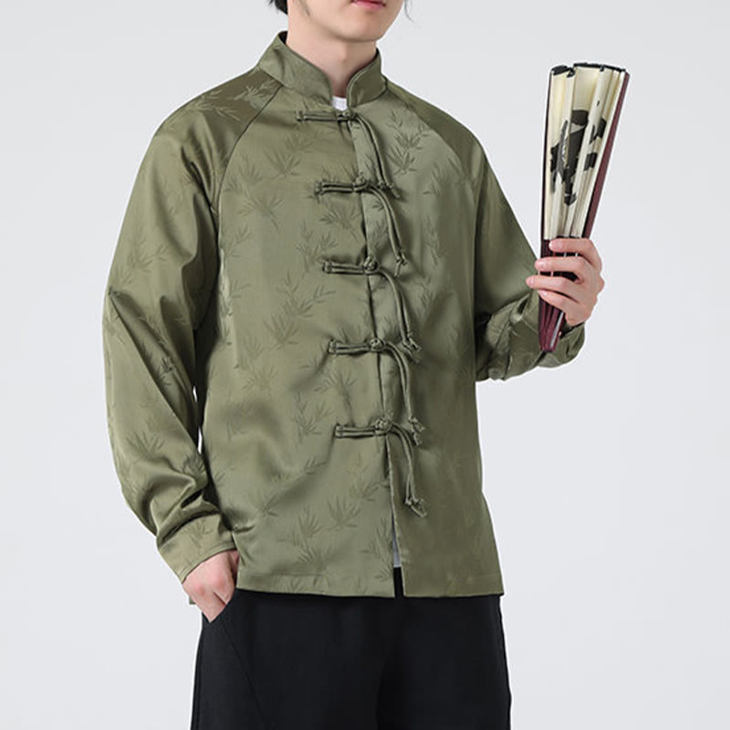 Buddha Stones Spring Jacquard Bamboo Leaves Pattern Chinese Frog-Button Design Men's Long Sleeve Shirt - image 1
