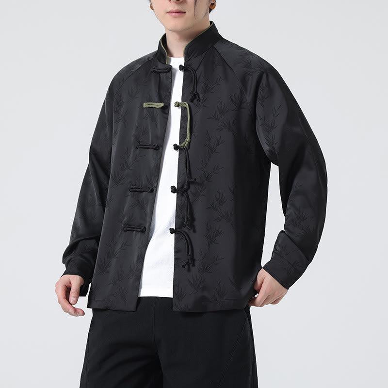 Buddha Stones Spring Jacquard Bamboo Leaves Pattern Chinese Frog-Button Design Men's Long Sleeve Shirt - image 20