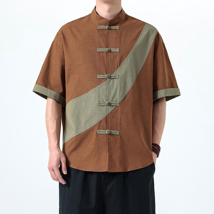 Buddha Stones Spring Color Contrast Chinese Frog-Button Design Men's Half Sleeve Cotton Linen Shirt - Peru - US/UK/AU46，EU56 (5XL) - image 18